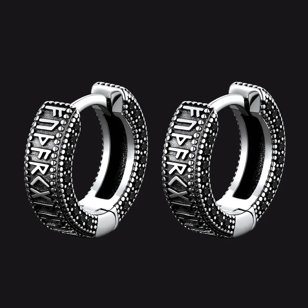 Sterling Silver Viking Runes Hoop Earrings With Black Zirconia for Men sold by FaithHeart