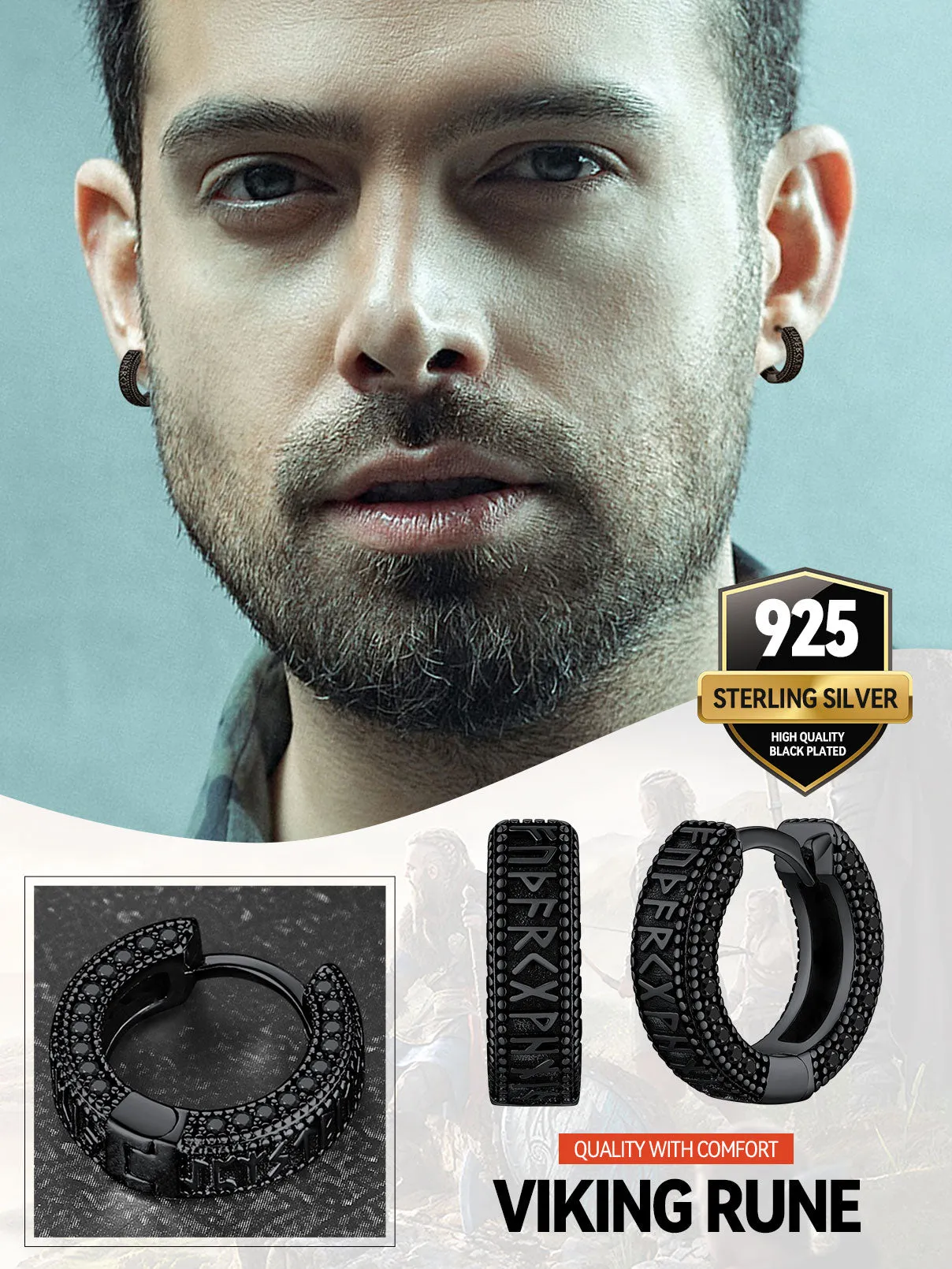 Sterling Silver Viking Runes Hoop Earrings With Black Zirconia for Men sold by FaithHeart product image thumbnail 5