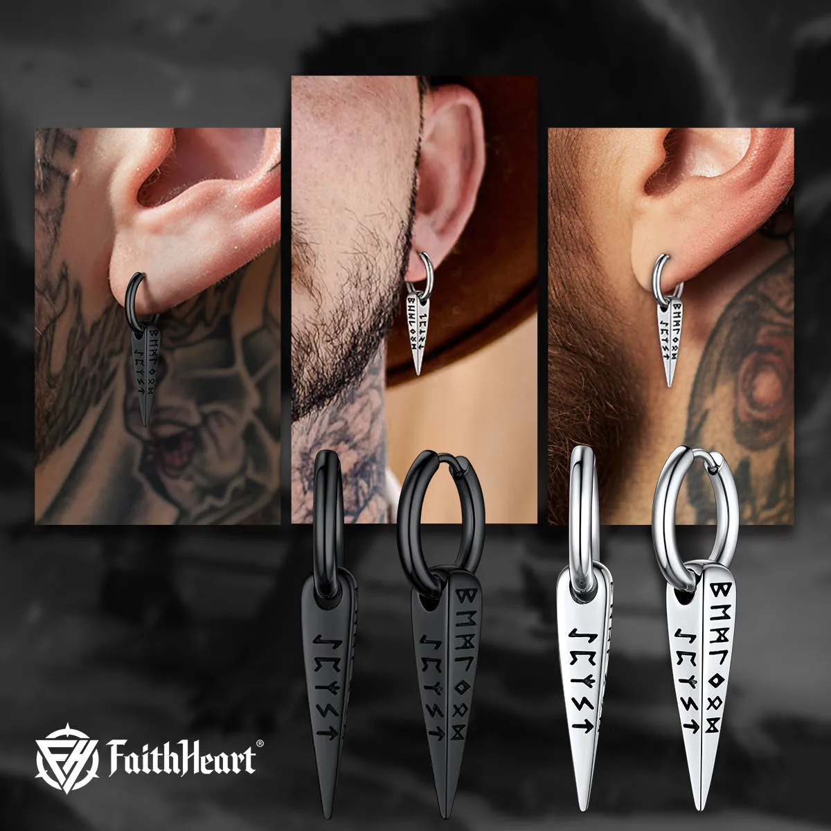 Norse Viking Runes Dangle Hoop Earrings For Men sold by FaithHeart product image thumbnail 4