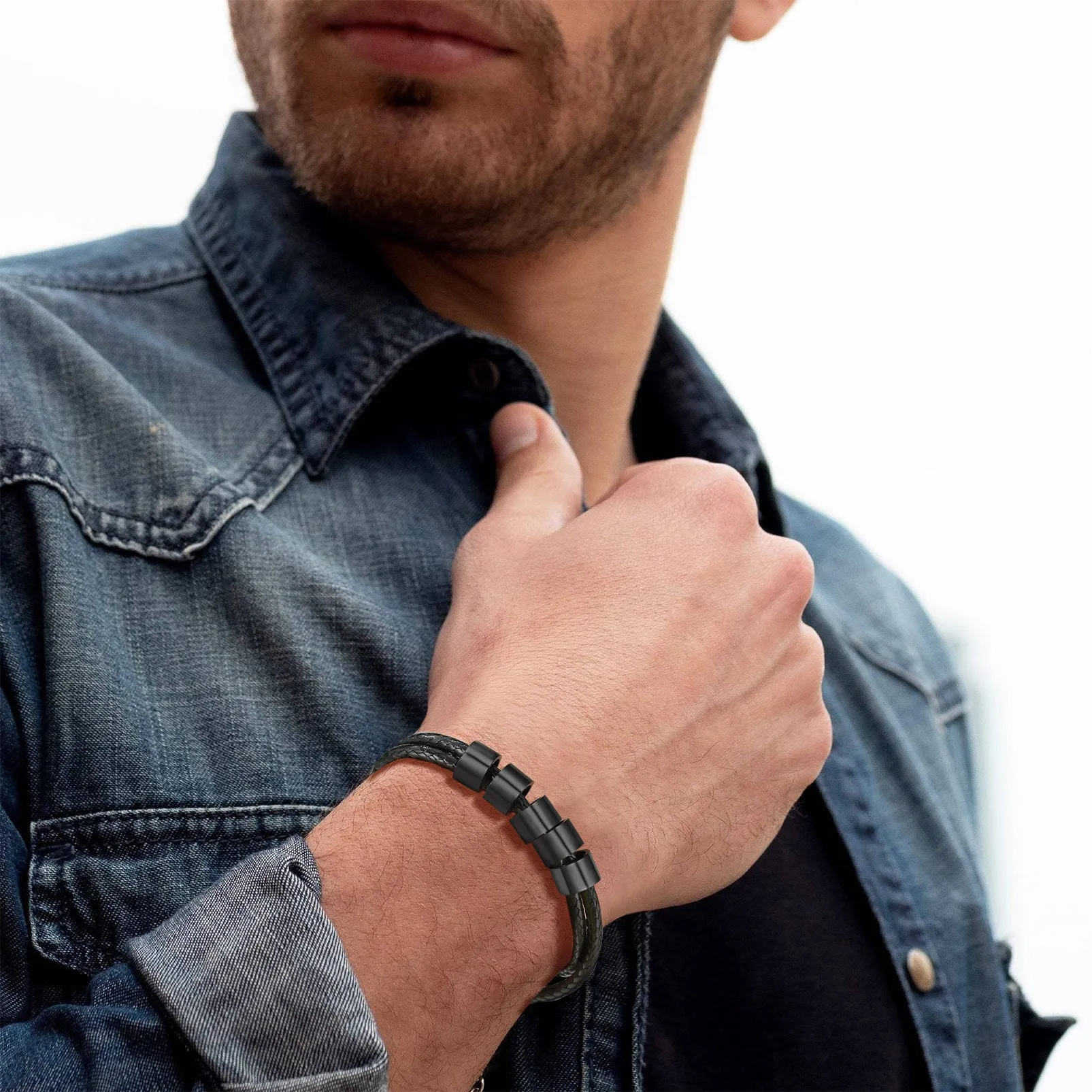 Customized Name Braided Leather Bracelet With Beads Gift for Men Dad Husband sold by FaithHeart product image thumbnail 2