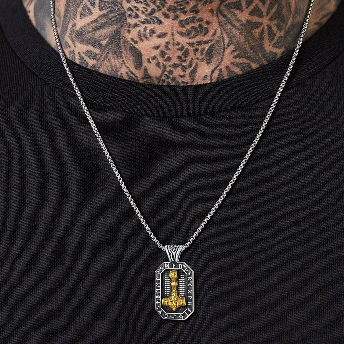 Engraved Thor's Hammer Dog Tag Necklace with Viking Runes for Men sold by FaithHeart product image thumbnail 2