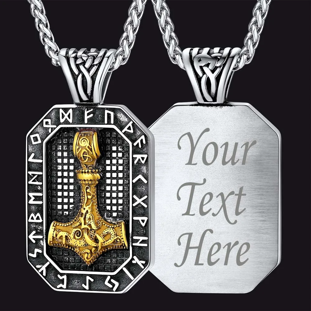 Engraved Thor's Hammer Dog Tag Necklace with Viking Runes for Men sold by FaithHeart