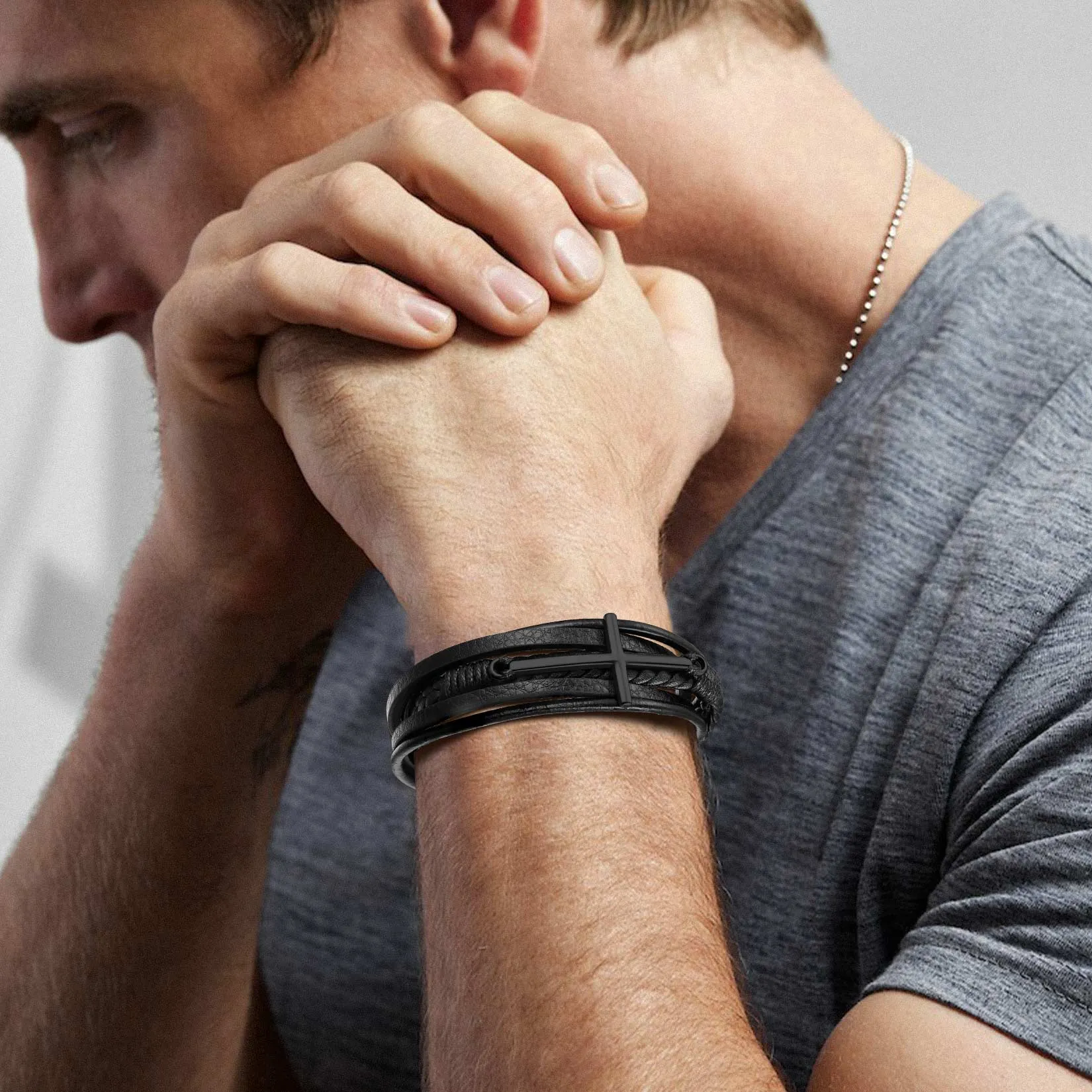 Christian Cross Multi-Layer Braided Leather Bracelet for Men sold by FaithHeart product image thumbnail 3