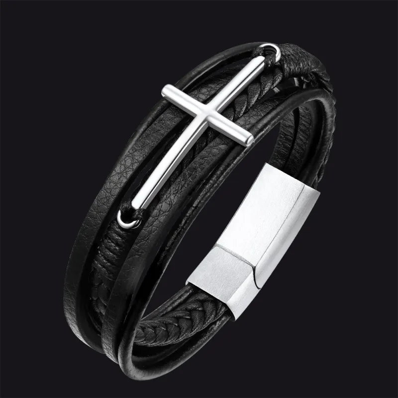 Christian Cross Multi-Layer Braided Leather Bracelet for Men sold by FaithHeart