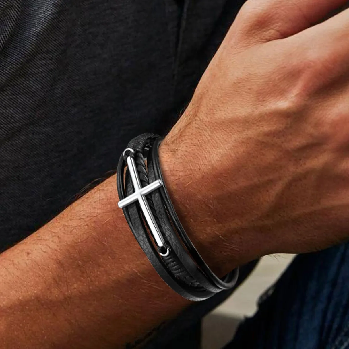 Christian Cross Multi-Layer Braided Leather Bracelet for Men sold by FaithHeart product image thumbnail 2