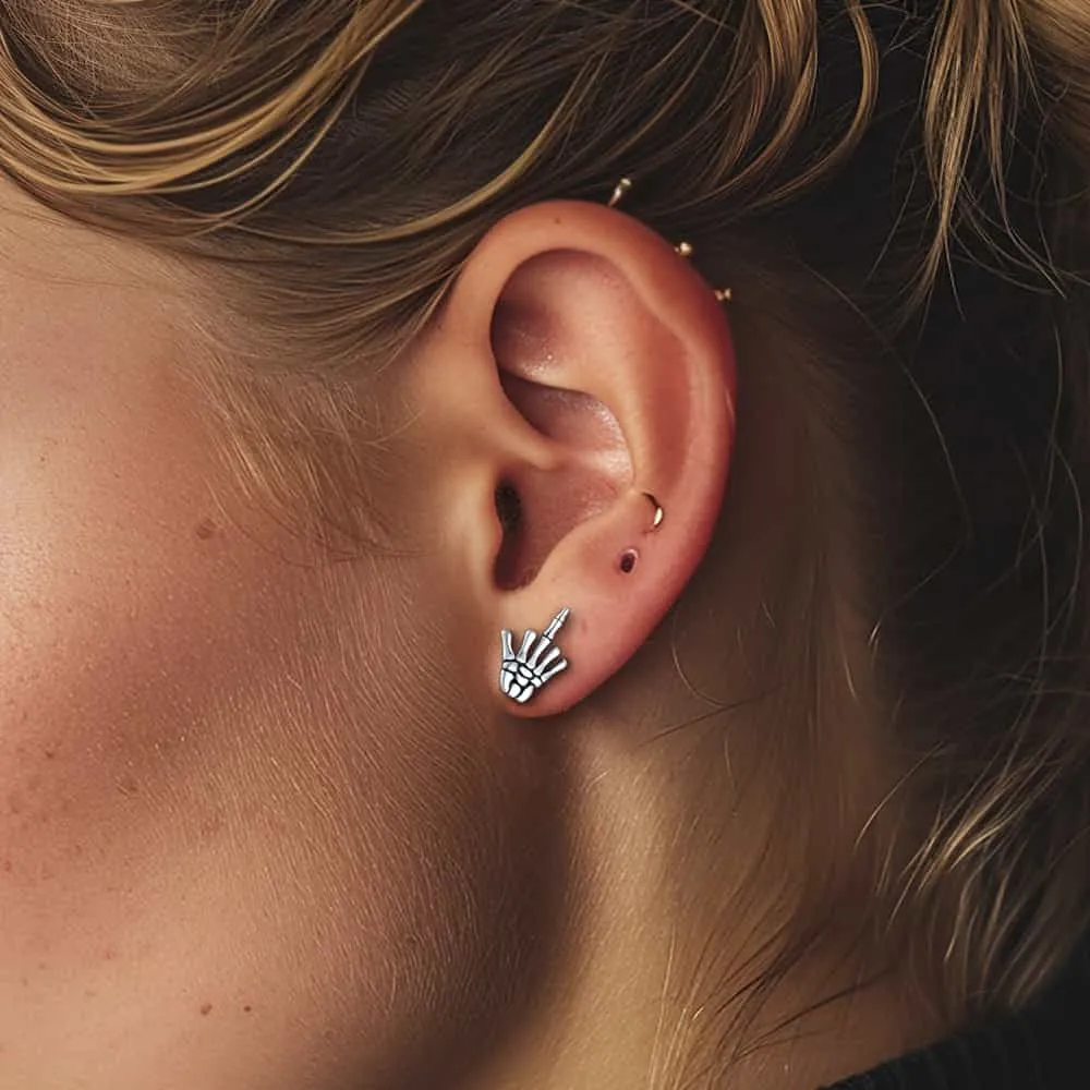 Punk Middle Finger Skeleton Hand Stud Earrings sold by FaithHeart product image thumbnail 3
