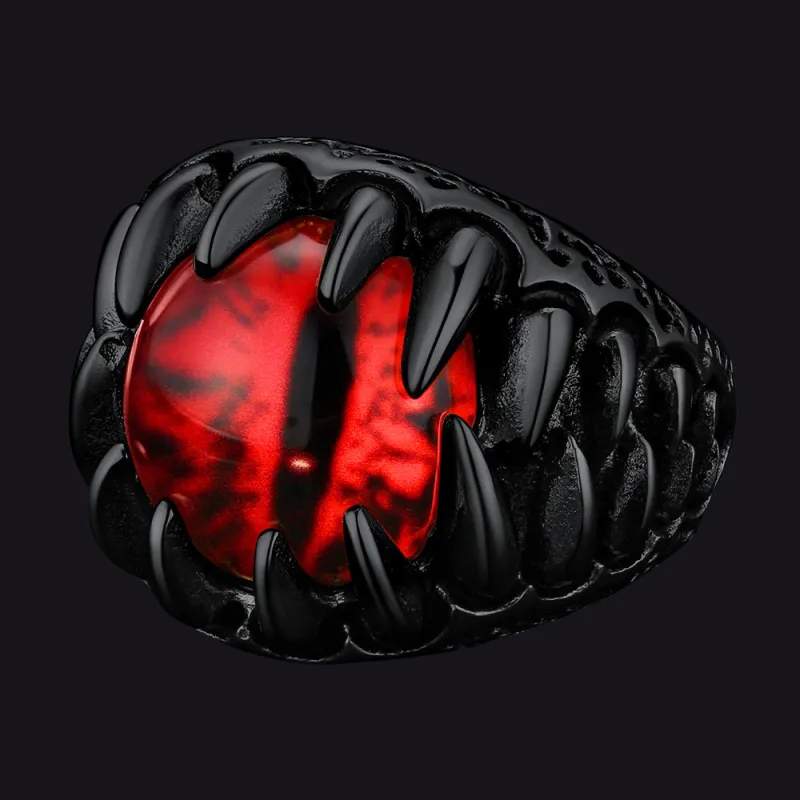 Gothic Dragon Teeth Red Evil Eyes Ring For Men sold by FaithHeart