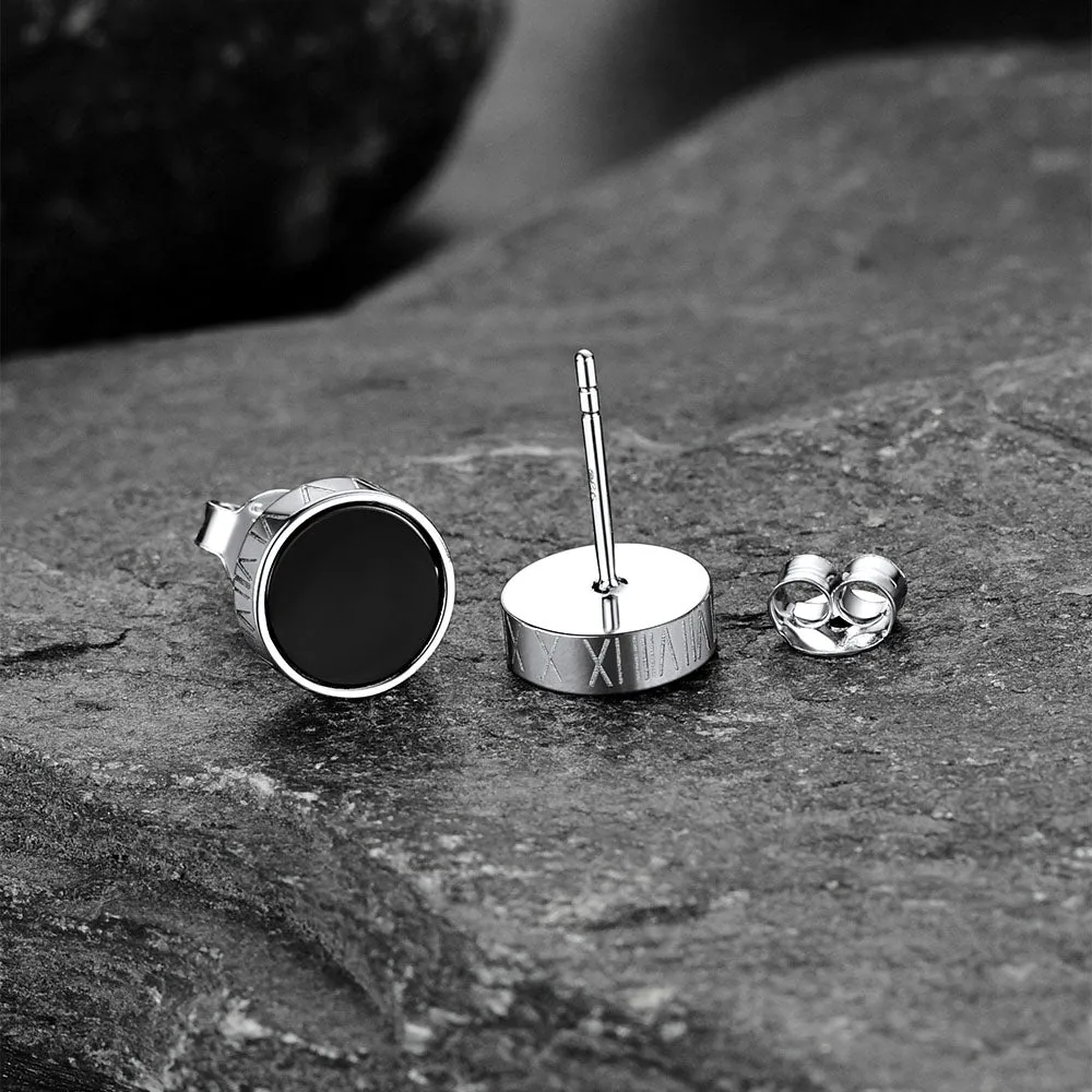 Roman Numerals Black Onyx Stud Earrings in Sterling Silver for Men sold by FaithHeart product image thumbnail 5