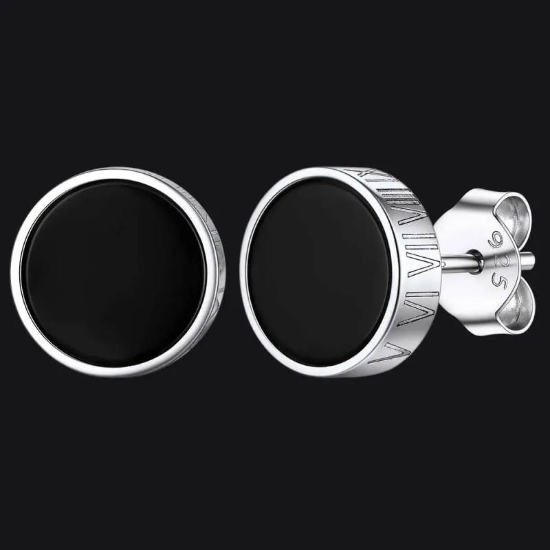 Roman Numerals Black Onyx Stud Earrings in Sterling Silver for Men sold by FaithHeart