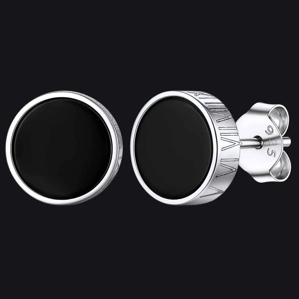 Roman Numerals Black Onyx Stud Earrings in Sterling Silver for Men sold by FaithHeart
