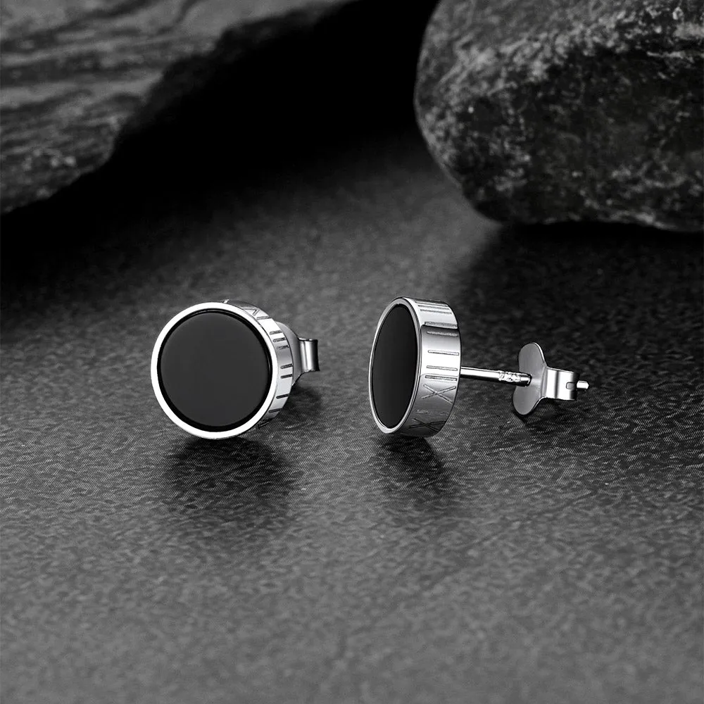 Roman Numerals Black Onyx Stud Earrings in Sterling Silver for Men sold by FaithHeart product image thumbnail 3