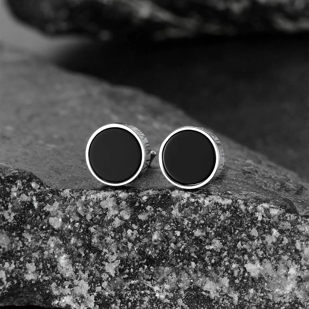 Roman Numerals Black Onyx Stud Earrings in Sterling Silver for Men sold by FaithHeart product image thumbnail 4