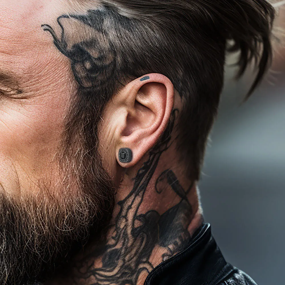 Cushion Cut Diamond Stud Earrings with Viking Runes in Sterling Silver sold by FaithHeart product image thumbnail 4