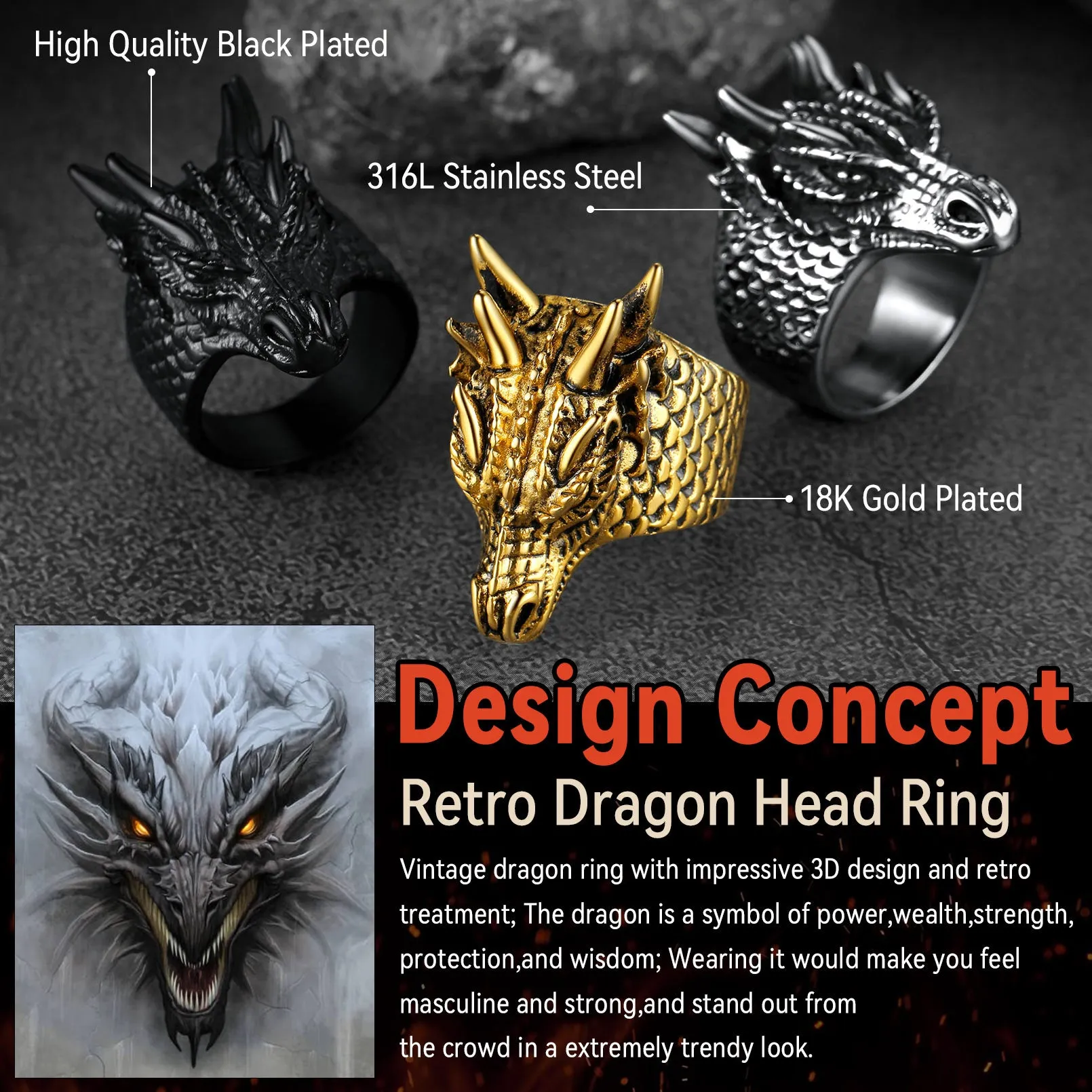 Punk Dragon Head Stainless Steel Ring for Men sold by FaithHeart product image thumbnail 4