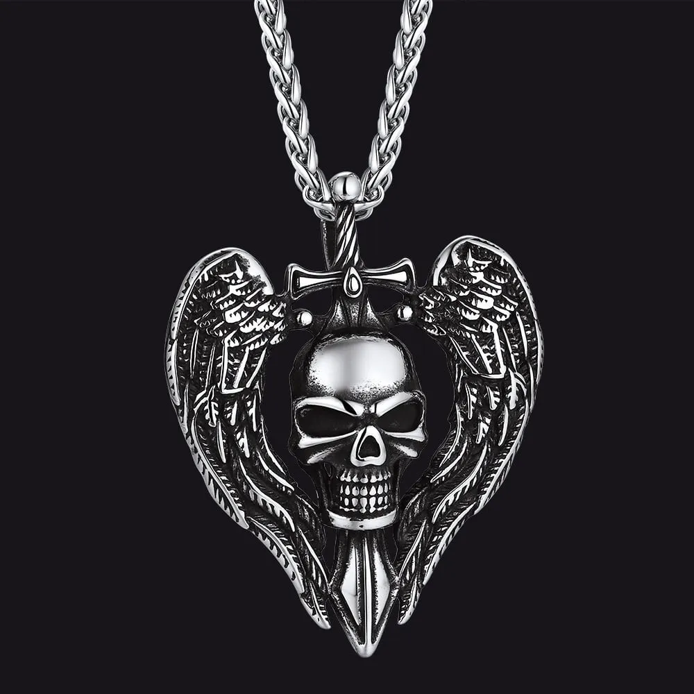Gothic Sword Wings Skull Pendant Necklace for Men sold by FaithHeart