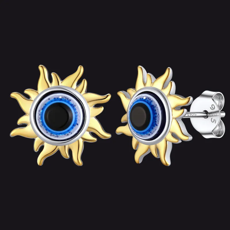 Evil Eye Sun Stud Earrings for Men Women in Sterling Silver sold by FaithHeart
