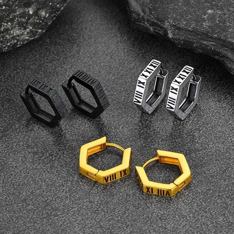 Roman Numerals Hexagon Hoop Earrings For Men sold by FaithHeart product image thumbnail 3