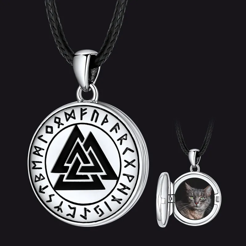 Personalized Viking Valknut Photo Locket Pendant with Leather Necklace sold by FaithHeart