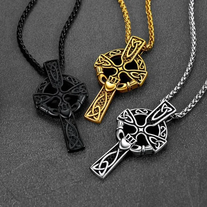 Irish Celtic Cross Necklace with Claddage For Men sold by FaithHeart product image thumbnail 3