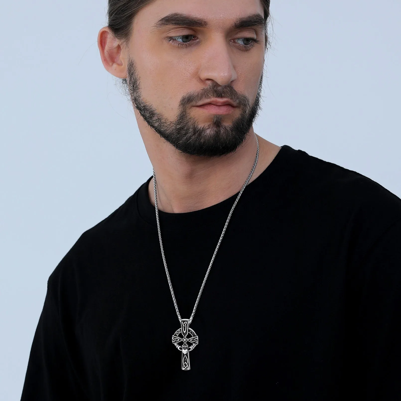 Irish Celtic Cross Necklace with Claddage For Men sold by FaithHeart product image thumbnail 2