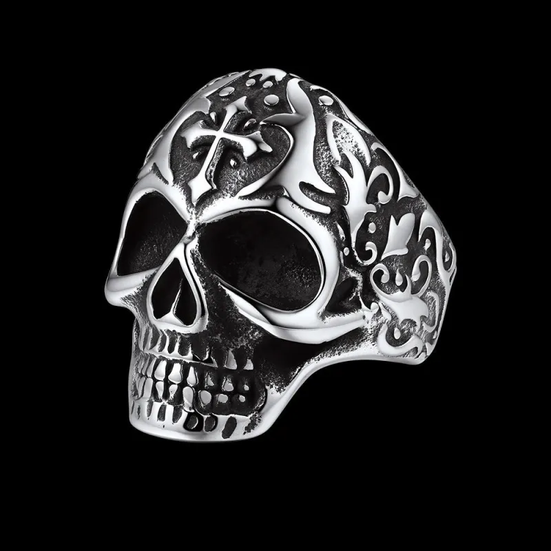 Gothic Punk Cross Sugar Skull Stainless Steel Ring for Men sold by FaithHeart