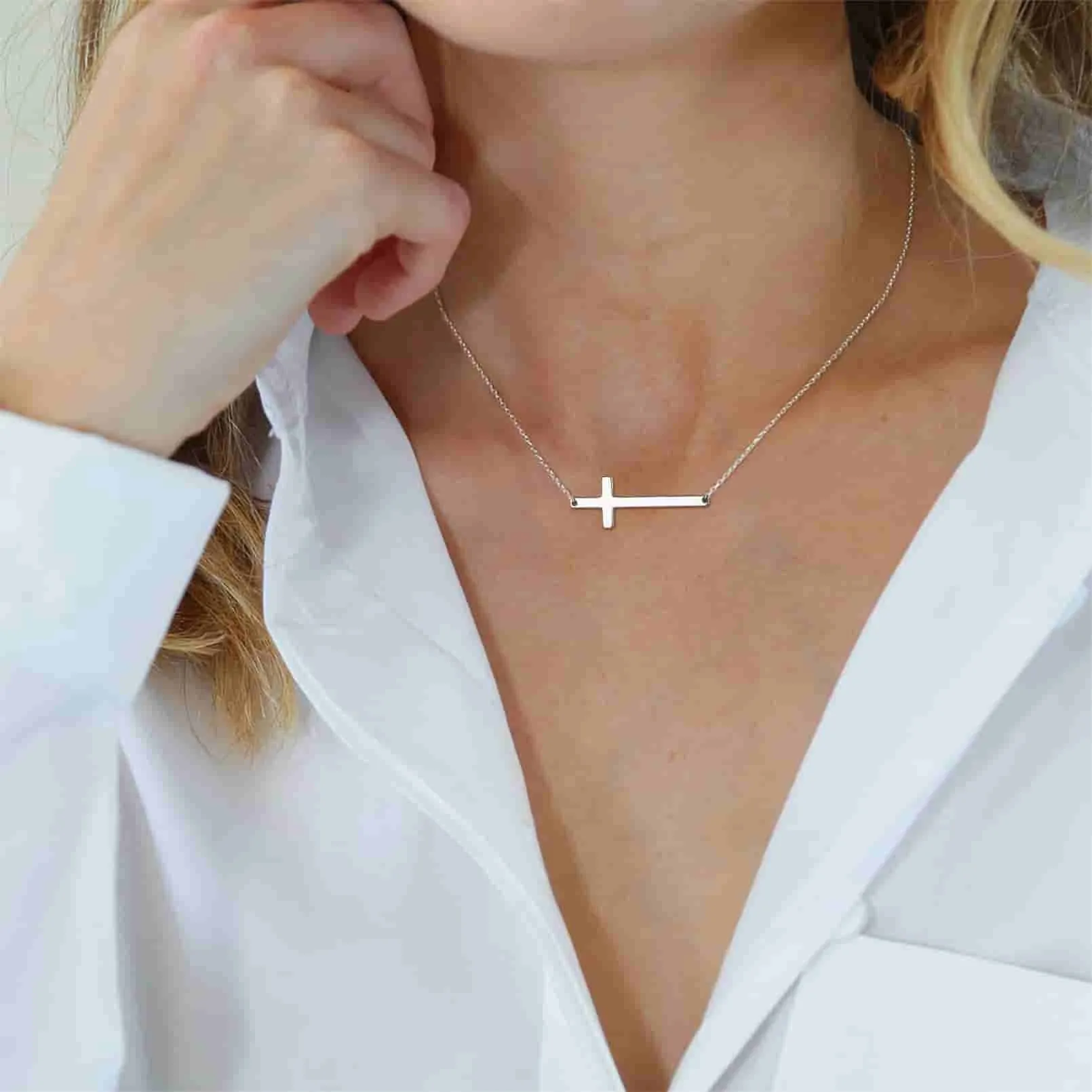 Sterling Silver Sideways Cross Necklace For Men/Women sold by FaithHeart product image thumbnail 2