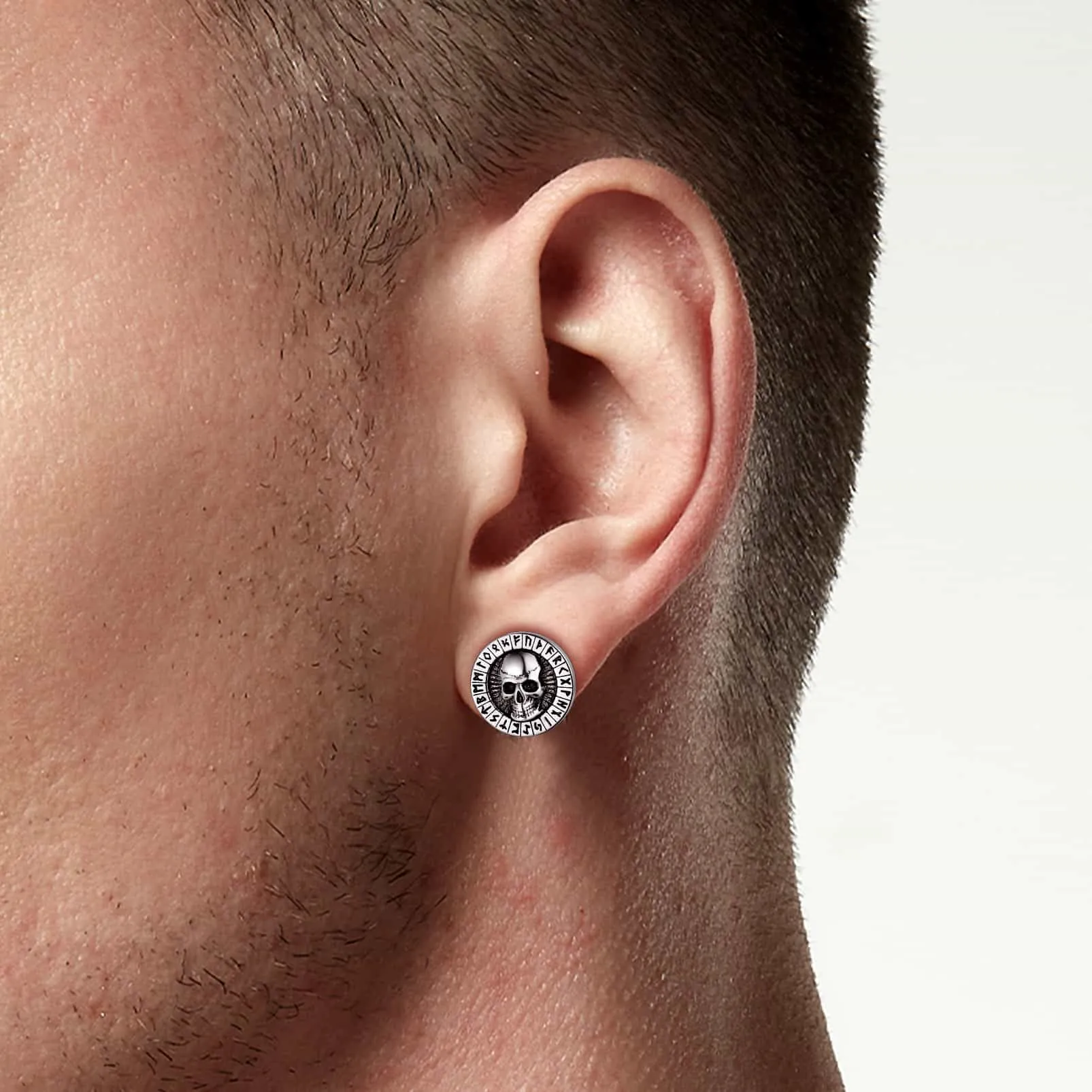 Sterling Silver Runes Skull Earrings Studs For Men sold by FaithHeart product image thumbnail 2