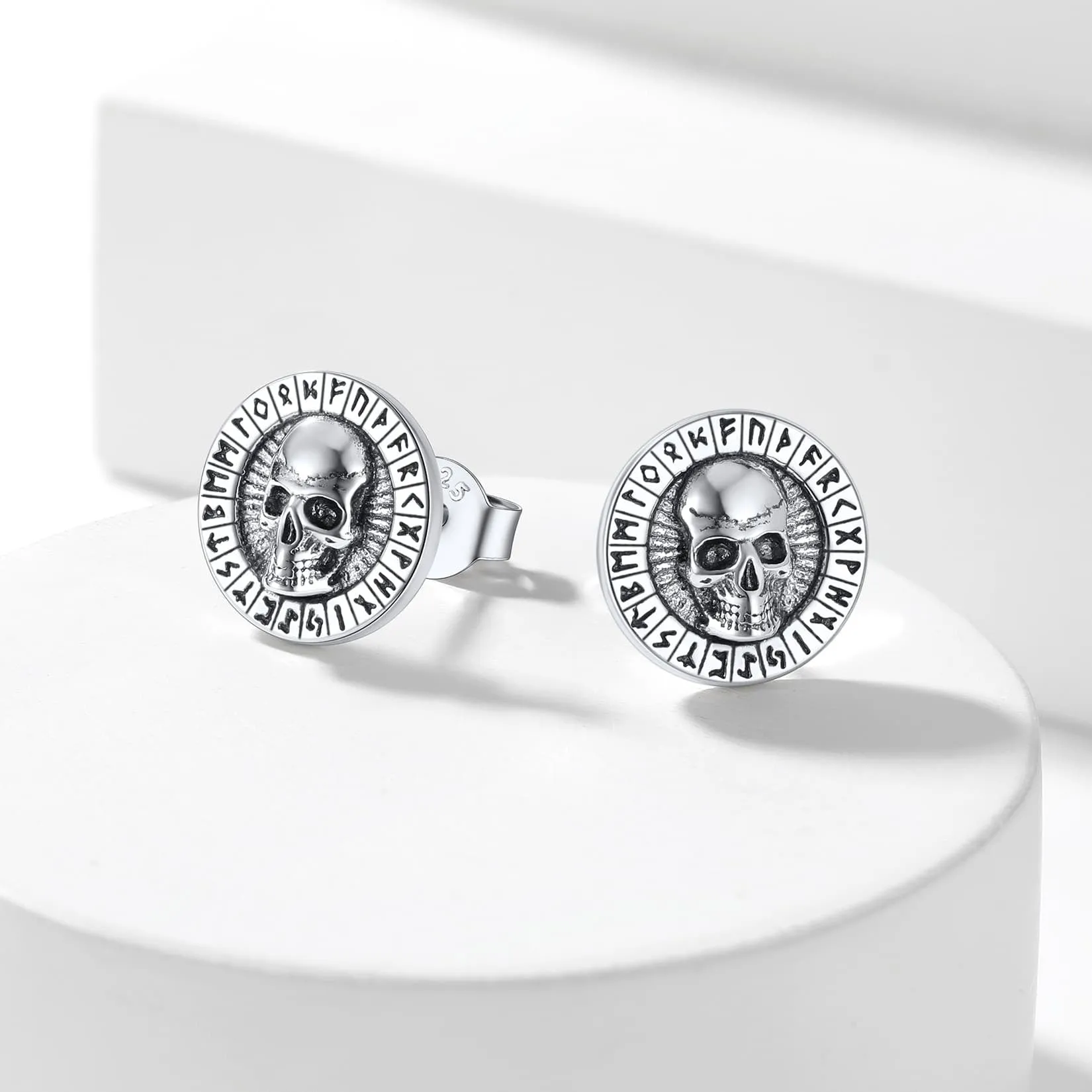 Sterling Silver Runes Skull Earrings Studs For Men sold by FaithHeart product image thumbnail 3