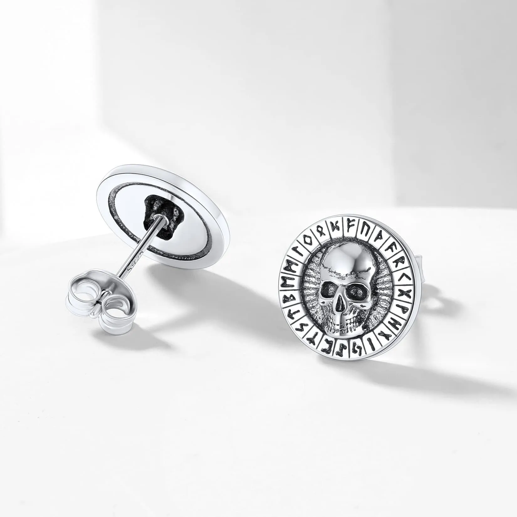 Sterling Silver Runes Skull Earrings Studs For Men sold by FaithHeart product image thumbnail 4