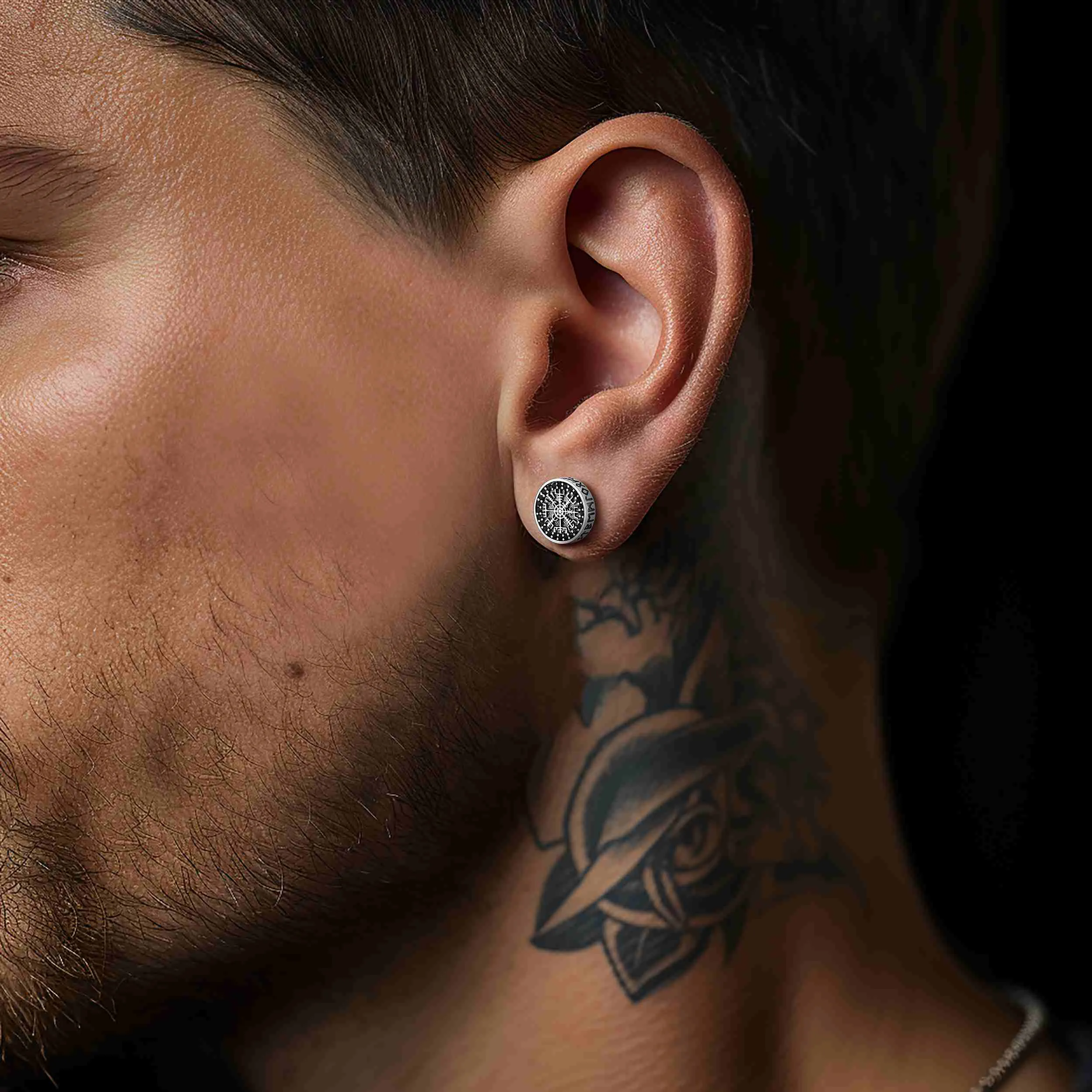 Sterling Silver Viking Compass Stud Earrings With Runes sold by FaithHeart product image thumbnail 3