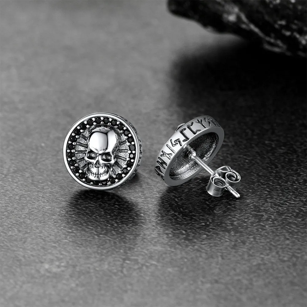 Men's Skull Stud Earrings With Runes in Sterling Silver sold by FaithHeart product image thumbnail 4