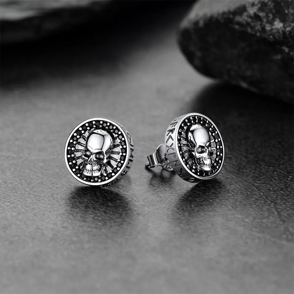 Men's Skull Stud Earrings With Runes in Sterling Silver sold by FaithHeart product image thumbnail 5