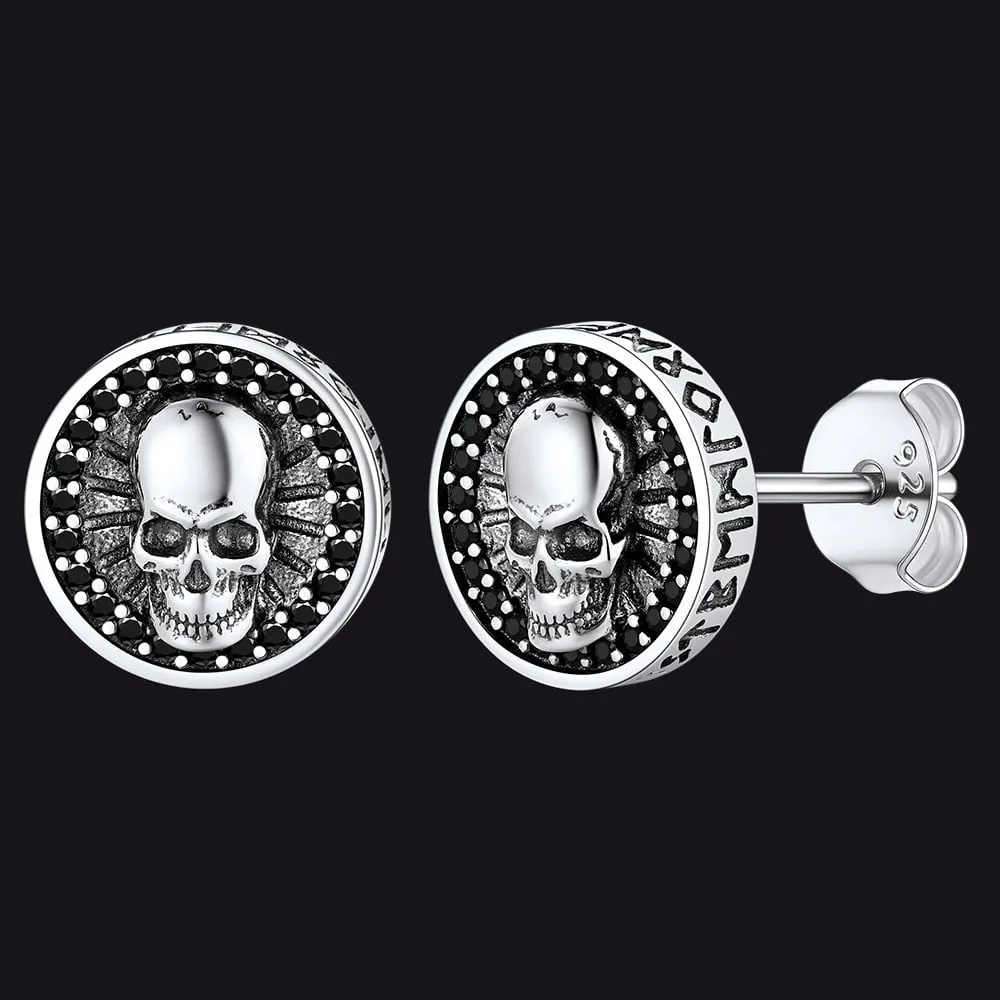 Men's Skull Stud Earrings With Runes in Sterling Silver sold by FaithHeart