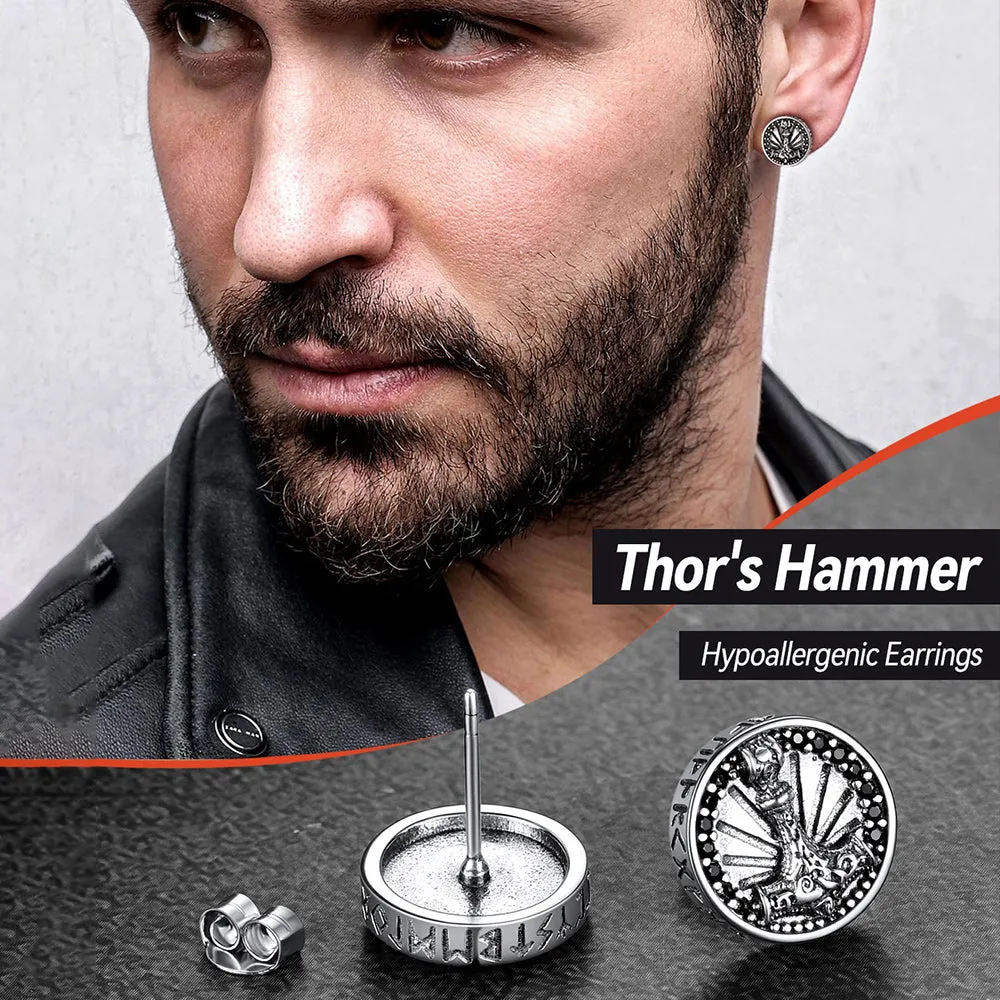 Viking Thor's Hammer Stud Earrings With Runes in Sterling Silver sold by FaithHeart product image thumbnail 4