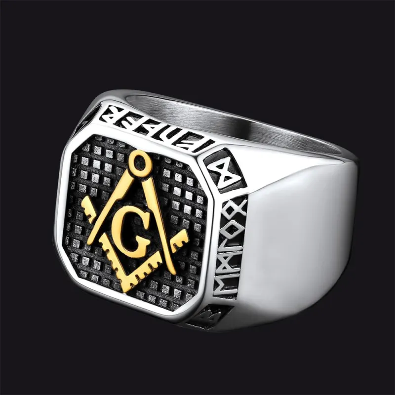 Square Masonic Signet Ring with Runes for Men sold by FaithHeart