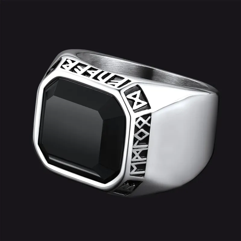 Customized Black Onyx Ring with Viking Runes for Men sold by FaithHeart
