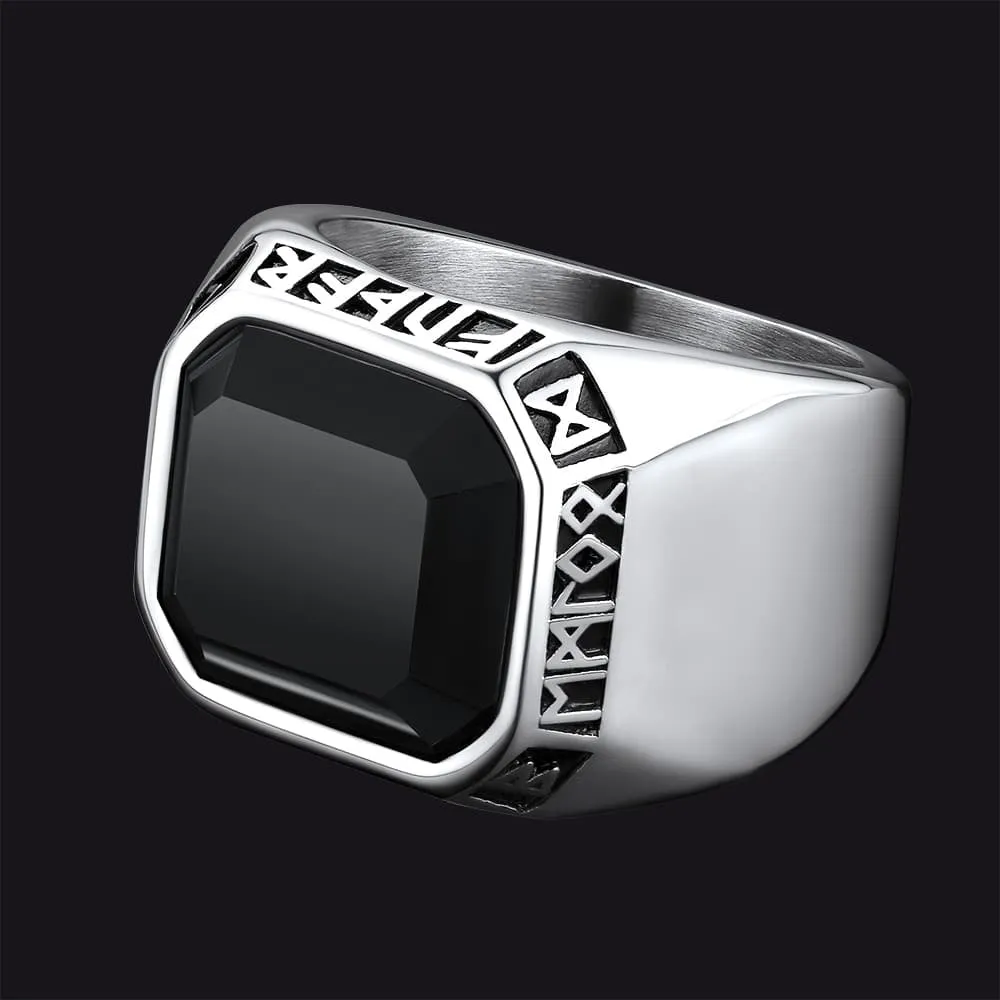 Customized Black Onyx Ring with Viking Runes for Men sold by FaithHeart