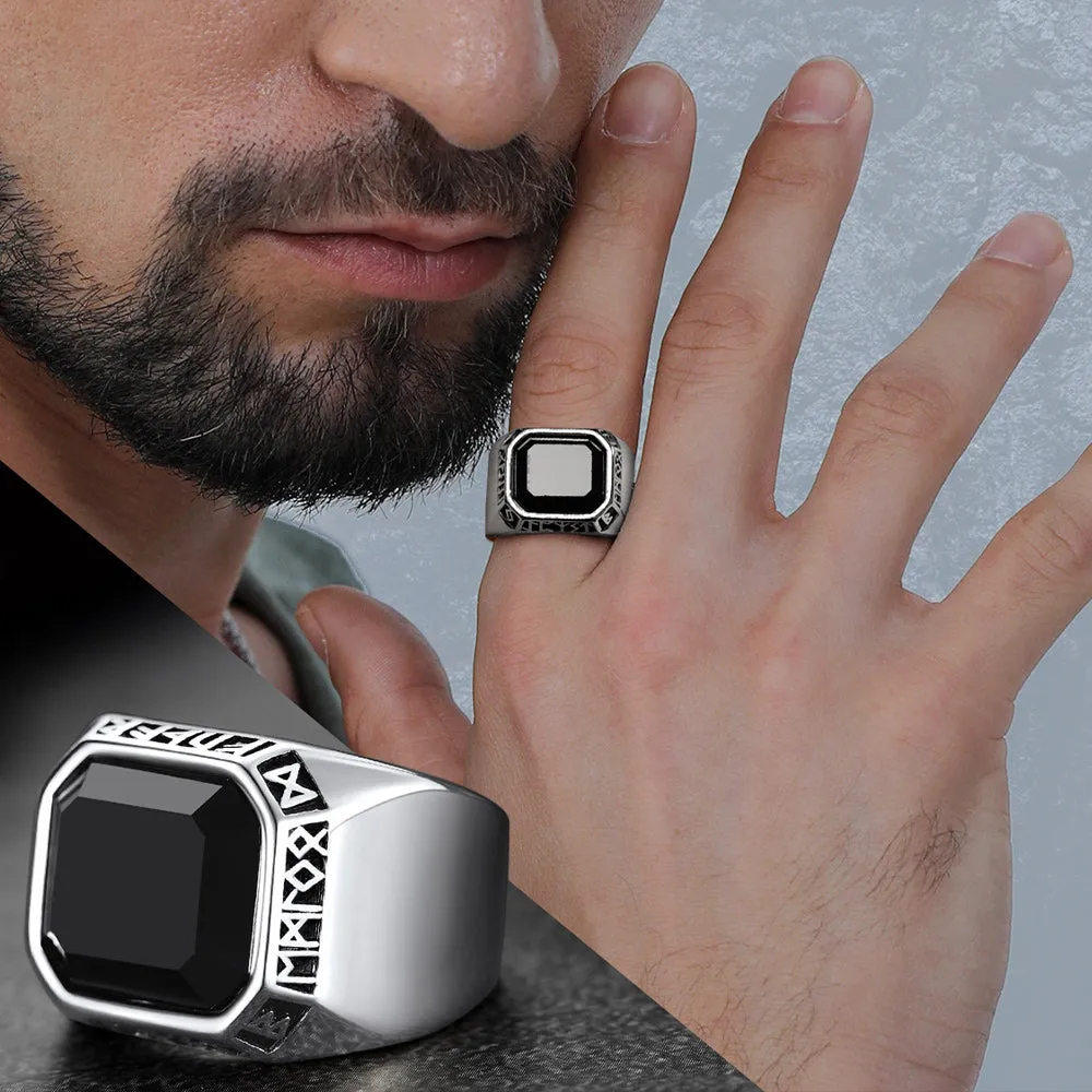 Customized Black Onyx Ring with Viking Runes for Men sold by FaithHeart product image thumbnail 2