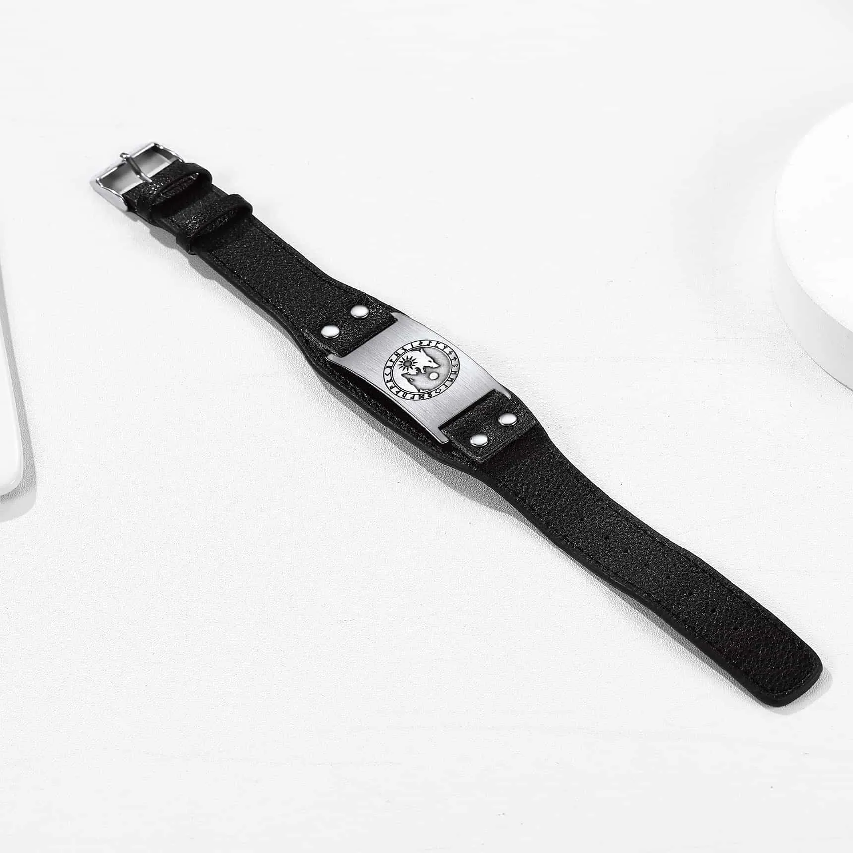 Viking Nordic Wolf Black Leather Bracelet Wristband for Men sold by FaithHeart product image thumbnail 5