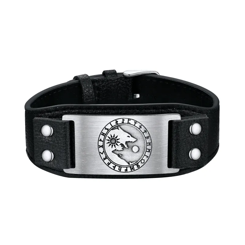 Viking Nordic Wolf Black Leather Bracelet Wristband for Men sold by FaithHeart