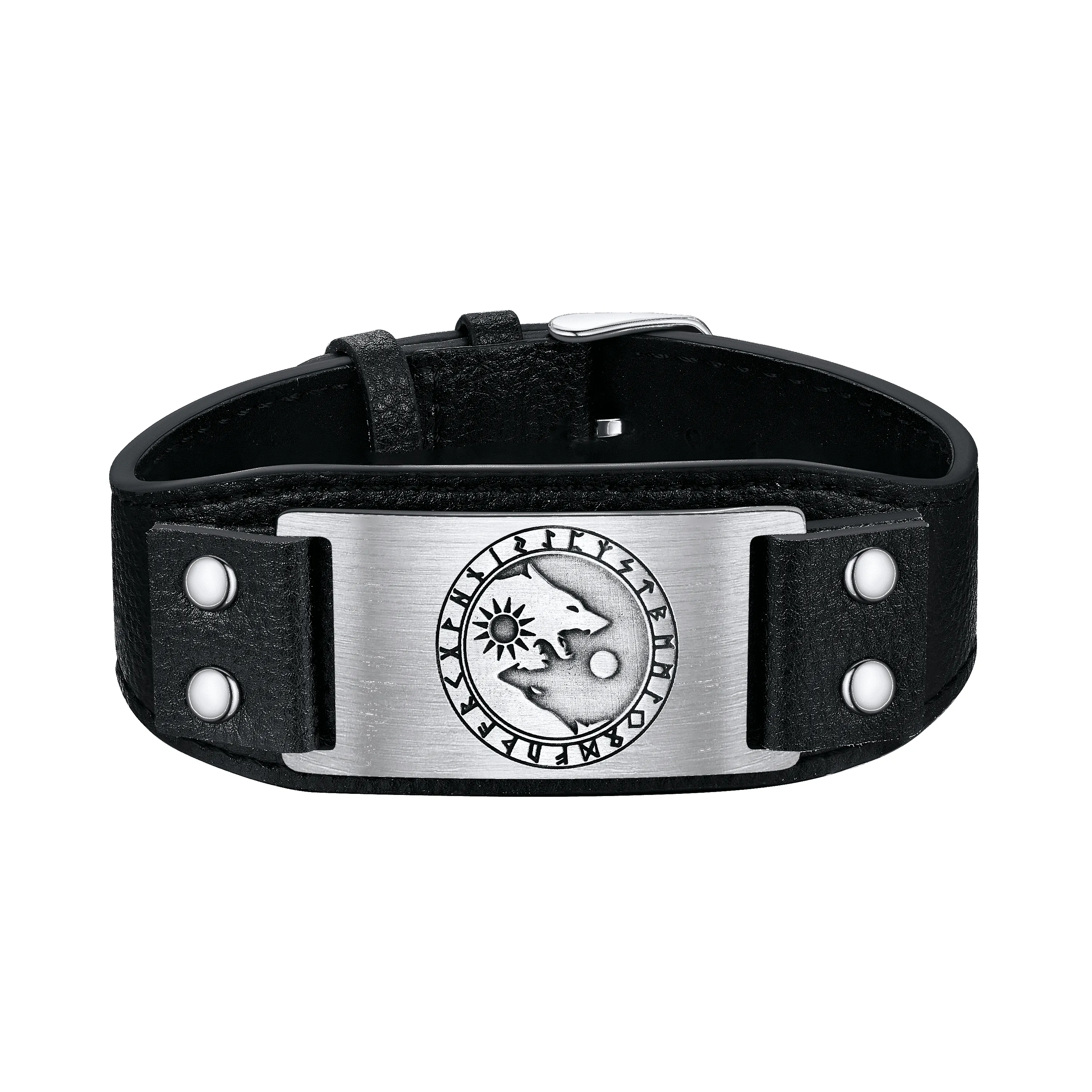 Viking Nordic Wolf Black Leather Bracelet Wristband for Men sold by FaithHeart