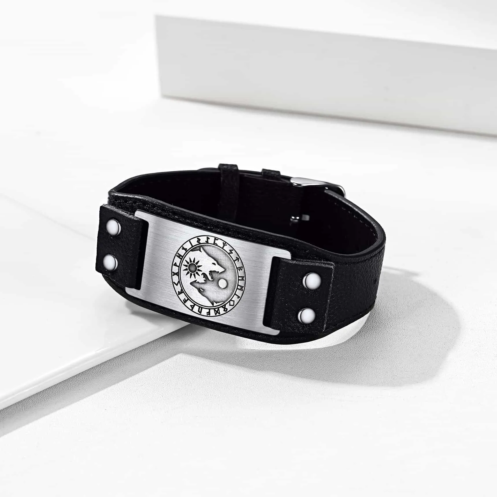 Viking Nordic Wolf Black Leather Bracelet Wristband for Men sold by FaithHeart product image thumbnail 3