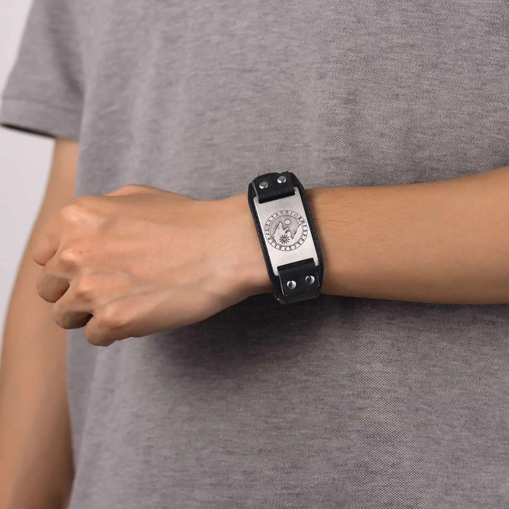 Viking Nordic Wolf Black Leather Bracelet Wristband for Men sold by FaithHeart product image thumbnail 2