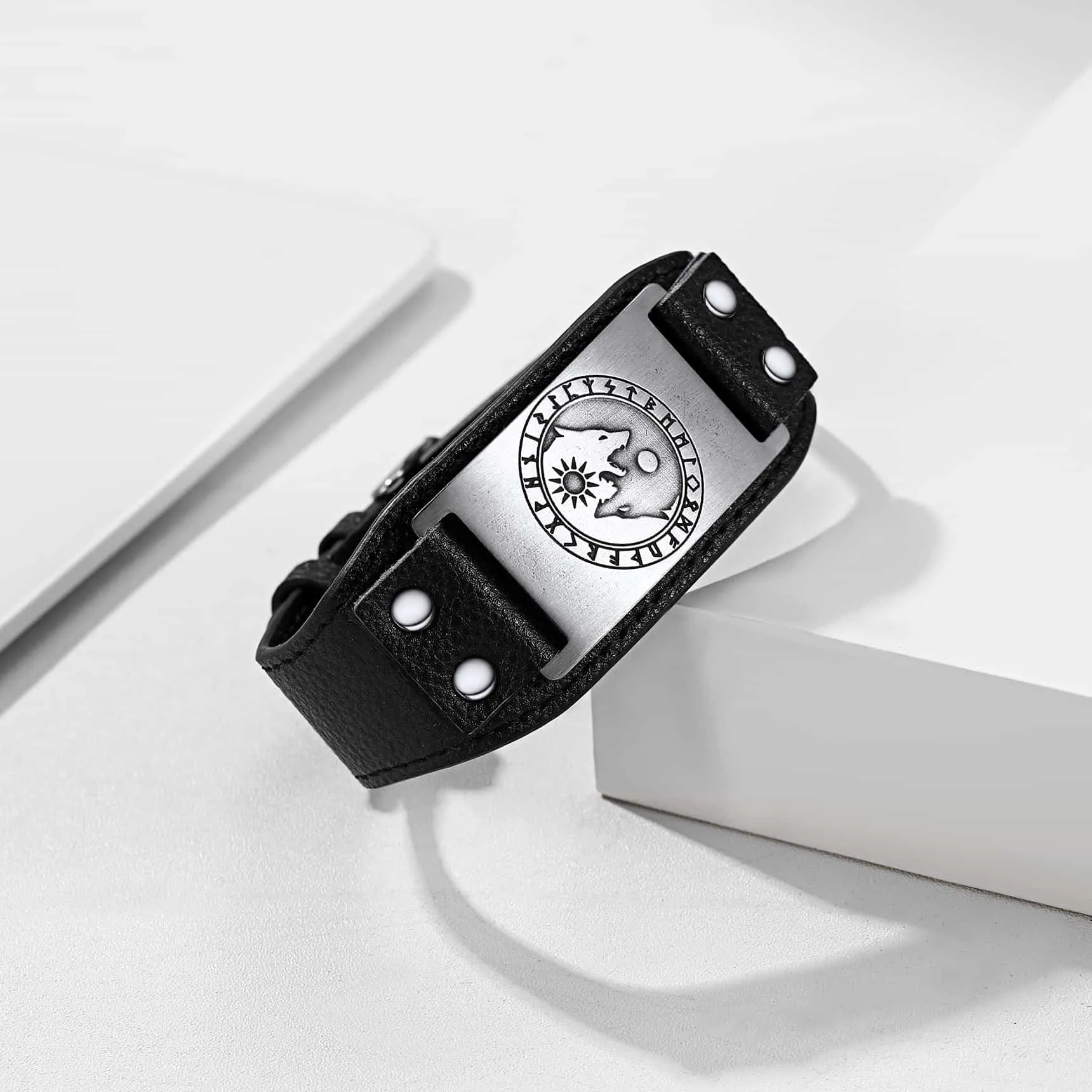 Viking Nordic Wolf Black Leather Bracelet Wristband for Men sold by FaithHeart product image thumbnail 4