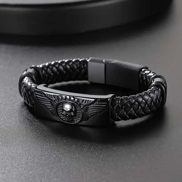 Black Braided Leather Bracelet Cuff with Skull Wing for Men Son sold by FaithHeart product image thumbnail 5