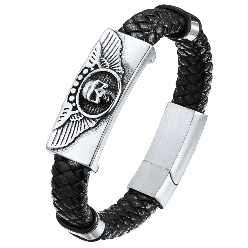 Black Braided Leather Bracelet Cuff with Skull Wing for Men Son sold by FaithHeart