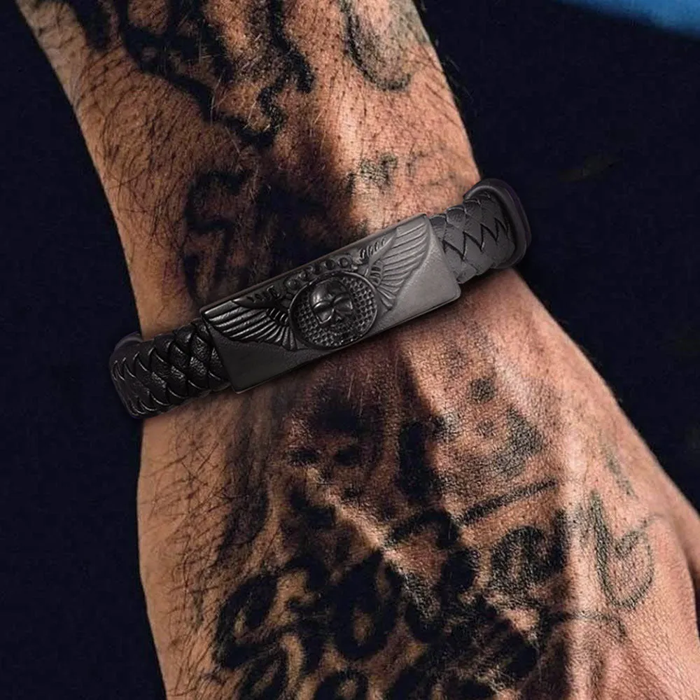 Black Braided Leather Bracelet Cuff with Skull Wing for Men Son sold by FaithHeart product image thumbnail 2