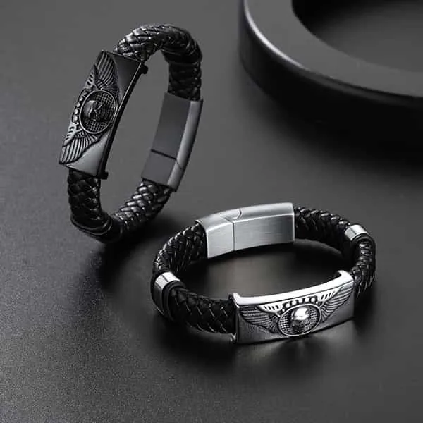 Black Braided Leather Bracelet Cuff with Skull Wing for Men Son sold by FaithHeart product image thumbnail 3