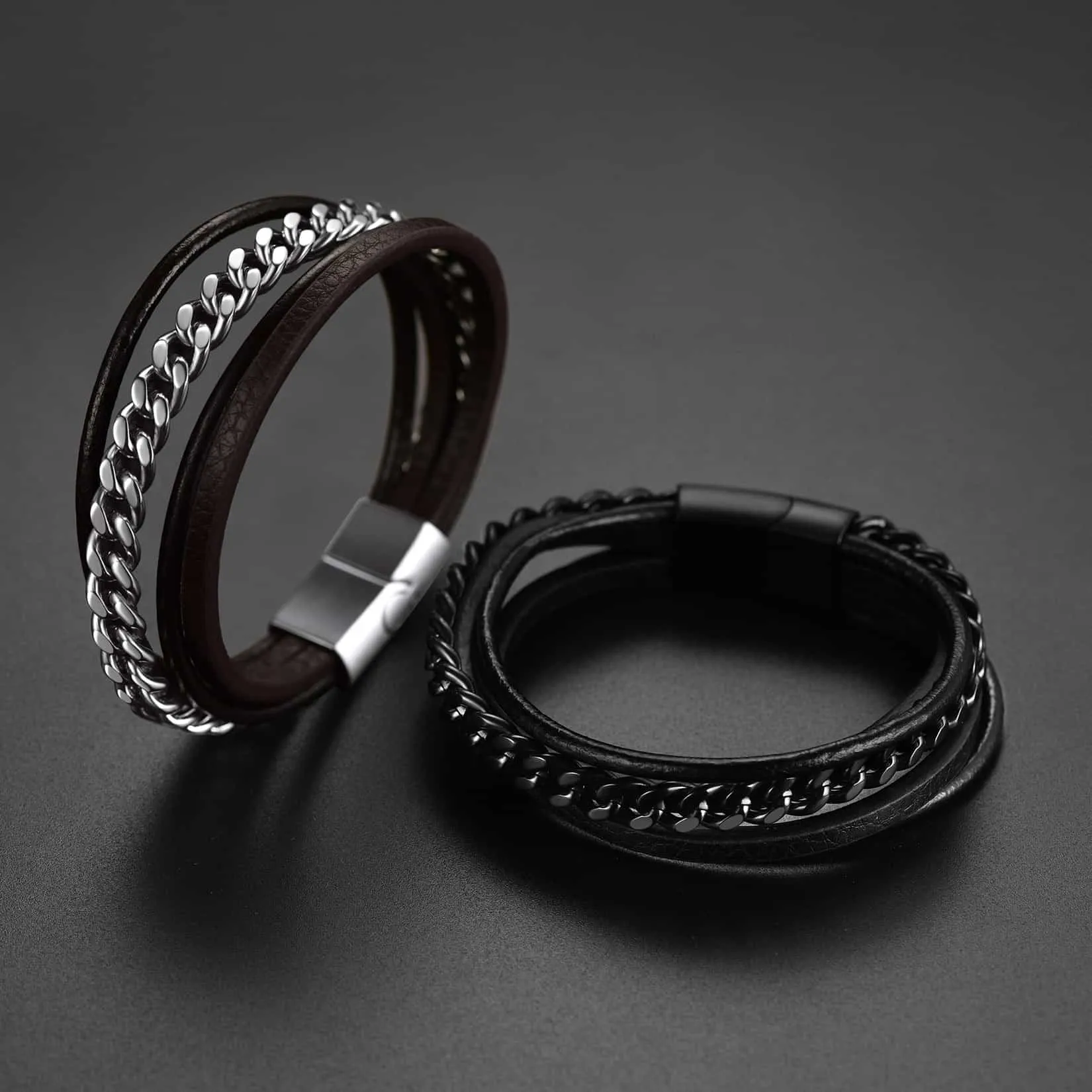 Customized Black Braided Leather Bracelet Cuff with Chain for Men Son sold by FaithHeart product image thumbnail 3