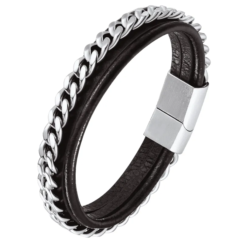 Customized Black Braided Leather Bracelet Cuff with Chain for Men Son sold by FaithHeart